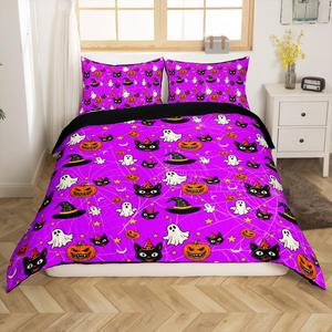 Erosebridal Комплект постельного белья Halloween Decorations с принтом тыкв, фонарей, привидений, ведьминых шляп, кошек, паутины в фиолетовом цвете, Violet Purple