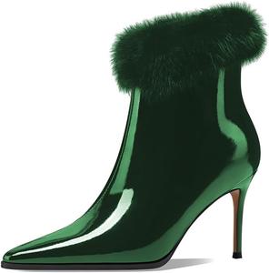 Женские ботильоны XYD из искусственного меха с высоким каблуком-стойкой, боковой молнией, короткие ботинки с заостренным носком, модная лакированная кожа, праздничные рождественские туфли, Dark Green