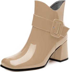 Женские ботильоны средней высоты с квадратным носком и толстым каблуком, короткие ботинки, модные с боковой молнией, однотонные лакированные ботильоны, удобные повседневные рабочие ботинки GUAVAIVY, Nude Patent