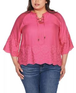 Топ больших размеров Black Label с вышивкой реглан и рукавами 3/4 Belldini, розовый