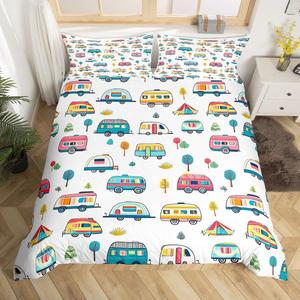 Erosebridal Комплект постельного белья Happy Camping с мультяшным принтом автодома для детей, Red Yellow White