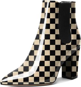 Женские ботильоны Mettesally на щиколотку с острым носком, массивным каблуком, на высоком каблуке, с эластичной вставкой Челси, зимние ботинки, Checkered Beige