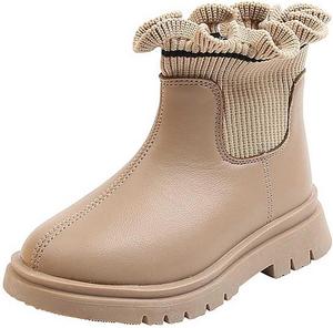 Детские ботинки для девочек с вязаной оборкой на щиколотке, гибкие, на плоской подошве, модные, короткие ботиночки для ходьбы с нескользящей подошвой Generic, Beige