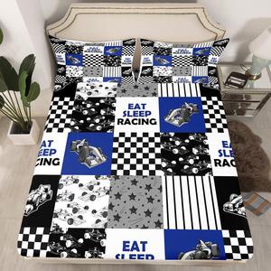 Erosebridal Комплект постельного белья Blue Race Car с гоночным клетчатым узором для мальчиков и подростков, Multi 18