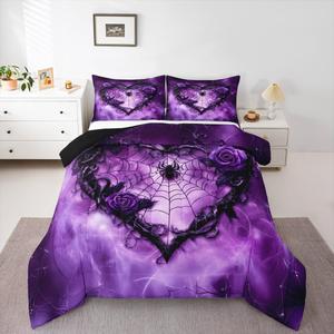Erosebridal Готический комплект постельного белья Purple с романтичными сердцами, розами и паутиной в готическом стиле, Purple Black