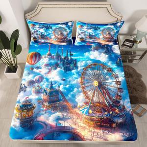 Erosebridal Детский комплект постельного белья Amusement Park с веселым принтом аттракционов и воздушных шаров, Blue