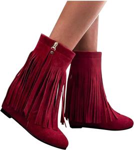 Женские замшевые ботильоны Bcshiye с бахромой, модные зимние, с круглым носком, низким скрытым каблуком и кисточками, короткие платьевые ботильоны, Red