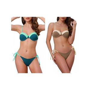 2 комплекта женского бикини с контрастными цветами, топ на тонких бретелях и треугольные трусики Inspire Chic, Teal Green Brown Beige