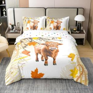 Erosebridal Комплект постельного белья Highland Cow из 100% хлопка с принтом быков и осенних листьев в коричнево-желтых тонах, Brown Yellow Orange