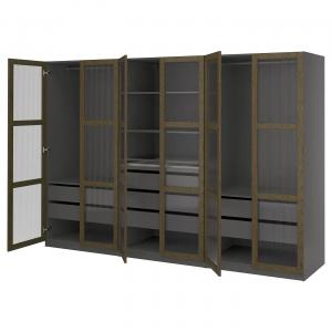 Гардероб PAX/TONSTAD IKEA, 300x60x201 см, цвет dark grey brown/stained oak veneer glass
