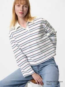Поло из стираного хлопка в полоску, длинный рукав Uniqlo, 01 off white