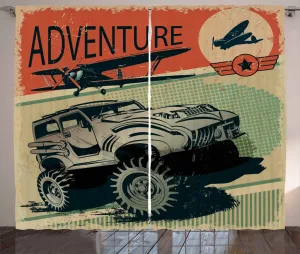 Штора ABAKUHAUS Adventure Rustic, прочная, с изображением самолетов, универсальная, с петлями и крючками, для гостиной, 280 x 175 см, бежево-оранжево-зеленый Abakuhaus