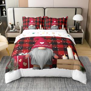 Erosebridal Хлопковый комплект постельного белья с новогодним гномом и Санта Клаусом, красная клетчатая расцветка, Multi 23