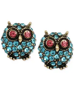 Серьги-Гвоздики в виде совы с синим паве золотистого оттенка Betsey Johnson, blue