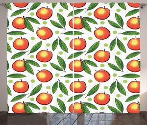 Штора ABAKUHAUS "Фрукты в деревенском стиле", персики с листьями и точками, универсальные ленточные шторы для гостиной с петлями и крючками, 280 x 225 см, цвет: белый, киноварь и папоротниковый зеленый Abakuhaus