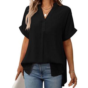 Женская блузка свободного кроя с v-образным вырезом, коротким рукавом и клетчатым принтом Clearflower, Black