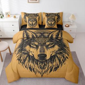 Erosebridal Комплект постельного белья Viking Wolf King в этническом стиле с нордическим принтом, Brown & Black