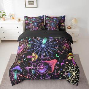 Erosebridal Комплект постельного белья Happy Halloween с паутиной, неоновыми грибами, пауками, луной и звездами в готическом омбре стиле, Teal