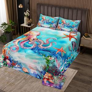 Erosebridal Комплект постельного белья Octopus Quilt Set с морскими животными в стиле кавай, Teal Blue