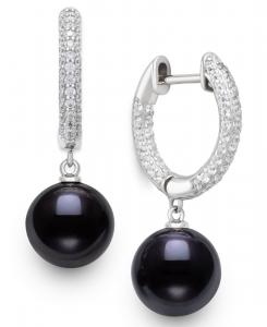 Серьги-подвески из культивированного пресноводного черного жемчуга павлин (10-11 мм) и искусственного сапфира в оправе из стерлингового серебра Belle de Mer, Black