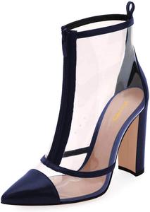 Женская мода XYD Прозрачные ПВХ ботильоны на толстом высоком каблуке, короткие с острым носком и передней молнией, Navy