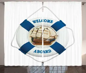 Штора ABAKUHAUS Морской рустик, спасательный круг на стене, присборенная тесьма для спальни с петлями и крючками, 280 x 225 см, цвет: синий, коричневый, белый Abakuhaus