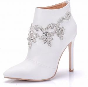 Женские свадебные ботильоны на шпильке с заостренным носком, удобные, с противоскользящей подошвой, задней молнией, блестящие со стразами, модные короткие ботинки XIAOGULI, White