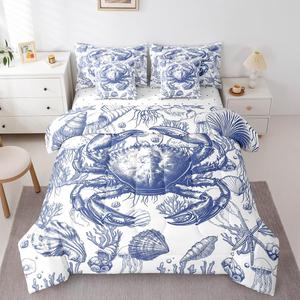 Erosebridal Комплект постельного белья Crabs King Size из хлопка с морским принтом в синих тонах, Blue Grey