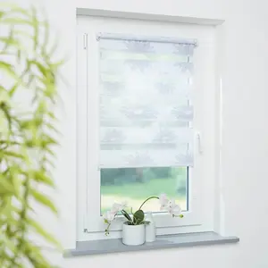 Двойной рулонный карниз Blüte, защита от света без сверления, свободно подвесной, декоративный, с печатью Garesa, Weiß-grau + weiß + weiß