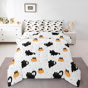 Erosebridal Комплект постельного белья Halloween с мультяшными черными котами, тыквами и готическими силуэтами котят, White Oranange