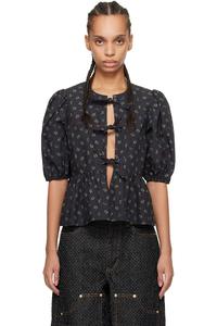 Печатная хлопковая блузка с баской Ganni, цвет phantom