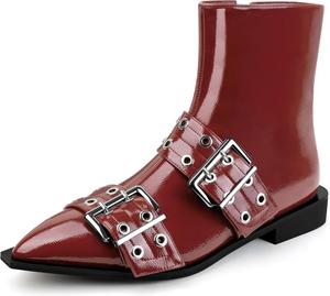 Женские ботильоны MISSMILLER с пряжкой, низкий каблук, шнуровка, сексуальные с заостренным носком, модные короткие сапоги с молнией, Wine Red Patent