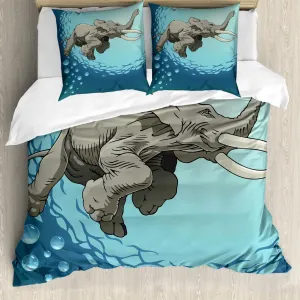 Пододеяльник ABAKUHAUS с изображением животных, слон в тропическом океане, с защитой от клещей, подходит для аллергиков с наволочками, 155 см x 220 см - 80 x 80 см, сланцево-голубой с бирюзовым оттенком Abakuhaus