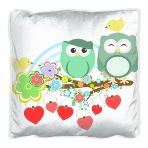 Подушка Wallario Premium, мягкая поверхность, с разноцветными совами и маленькими птичками на ветке, размер: 30 х 30 см, с белой спинкой