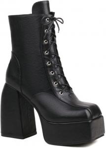 Женские ботинки на платформе, шнуровка, средняя длина, квадратный носок, массивный высокий каблук, боковая молния, ботильоны KYOESCAI, Black