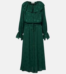Платье миди из шелкового жаккарда с цветочным принтом и оборками Chloé, Dark Pine