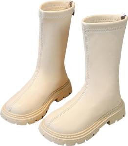 Детские зимние сапоги для девочек, полусапожки до середины икры, с верхом из искусственной кожи, задняя молния, подошва с протектором, модная обувь для маленьких и больших детей Generic, Beige