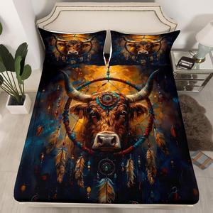 Erosebridal Фиттед простыня Longhorn Bull с рисунком Dream Catcher, богемный стиль, перья, фермерские животные, Orange Brown