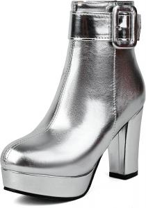 Женские ботильоны на платформе Uniquelly с металлическим блеском, высокой массивной стопой, элегантным ремешком с пряжкой, молнией, круглым носком, короткие ботинки, зимняя обувь, Silver