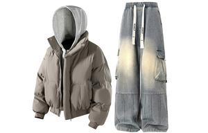 Повседневный спортивный костюм унисекс с капюшоном, утепленный и с флисовой подкладкой X1617, серый puffer jacket+желтый mud jeans