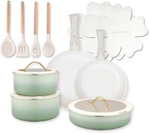 Набор керамических кастрюль и сковородок ONGIFT с антипригарным покрытием и съемной ручкой, 20 предметов, зеленый