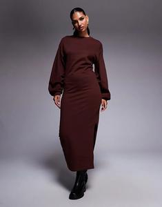 Платье-свитшот миди из хлопка с рукавами-фонариками ASOS DESIGN шоколадного цвета