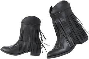Женские ковбойские сапоги с круглым носком, короткие ботильоны на щиколотку с двойной бахромой, винтажный массивный каблук, ретро-стиль обуви для осенне-зимних образов LokoLucx, Black