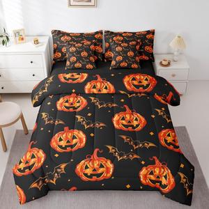 Erosebridal Комплект постельного белья Halloween с тематикой тыкв и летучих мышей, черный декоративный с узором, Black Orange Red