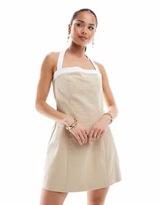 Мини-платье 4th & Reckless из льна с контрастным краем и вырезом халтер бежевого цвета