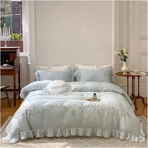 Generic Комплект постельного белья французский принцессский с цветочной вышивкой, кружевом и рюшами Cyan