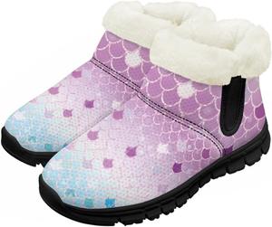 Зимние сапожки для девочек-детей, противоскользящие прогулочные кроссовки с меховой подкладкой, без шнурков, теплые короткие ботинки Pointodoor, Fish Scale Pattern