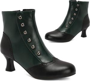 Женские винтажные ботильоны Alyaafifa с низким каблуком, круглым носком, двухцветные, с заклепками, короткие готические викторианские ботинки на молнии, матовая кожа, каблук 5 см, удобные, Style A - Dark Green
