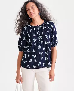 Женский топ из сирсакера с принтом и разрезом на горловине Style & Co, синий