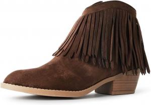 Ботинки J. Adams Marrow Ankle Boot - Western Fringe Cowboy Low Heel Bootie, Chocolate Sude